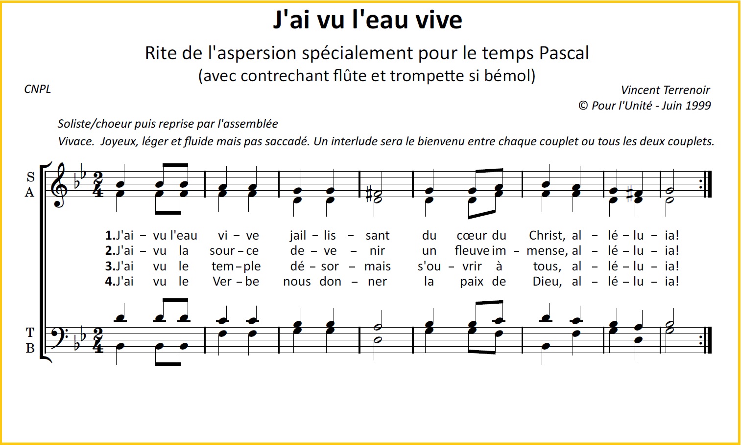 Pour l'Unité du monde par l'Église catholique Partitions des chants